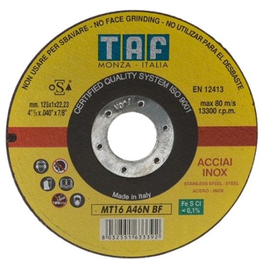 Griezējdisks metālam TAF MT16 A46N BF, 125 x 1.0mm x 22.23
