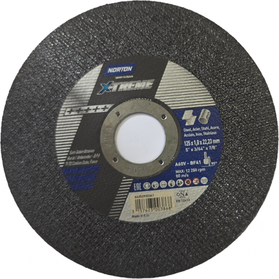 Griezējdisks NORTON A46V-BF41, NOR X-TREME Metal/Inox, 125x1.0x22.23